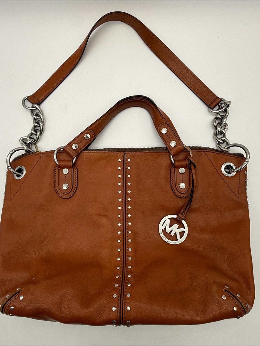 MICHAEL KORS Y2K Astor Cognac Brown Leather Studded Hobo Satchel Bag Purse MK